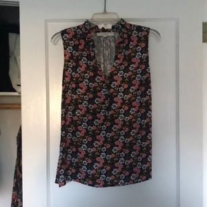 LOFT mixed media, sleeveless shell, multi colors, ruffled collar 3/4 button down